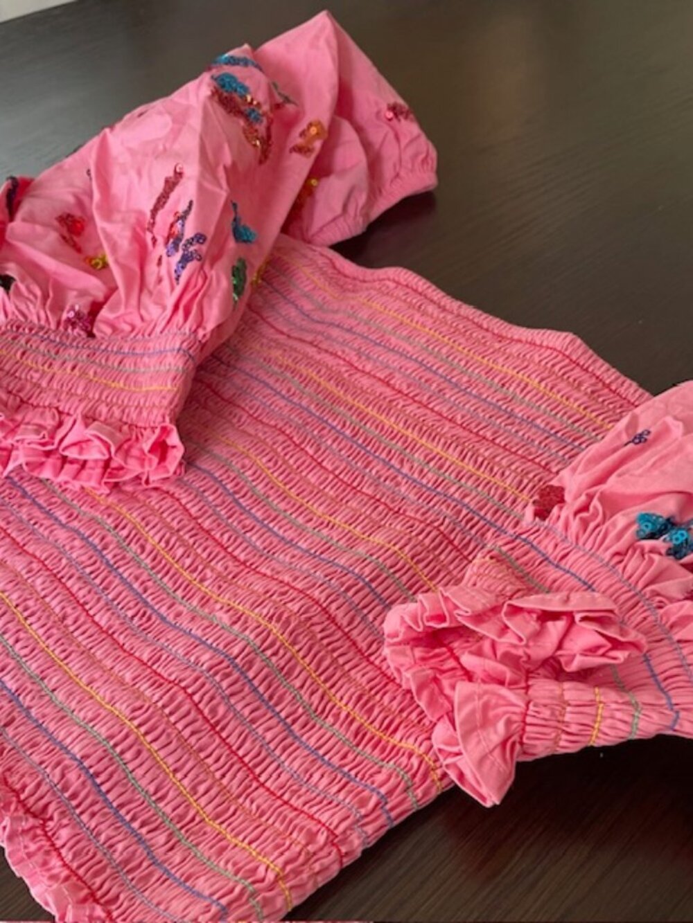 Queen of Sparkles Smocked Pink Puff Sleeve Crop Top - Small - 100% Cotton